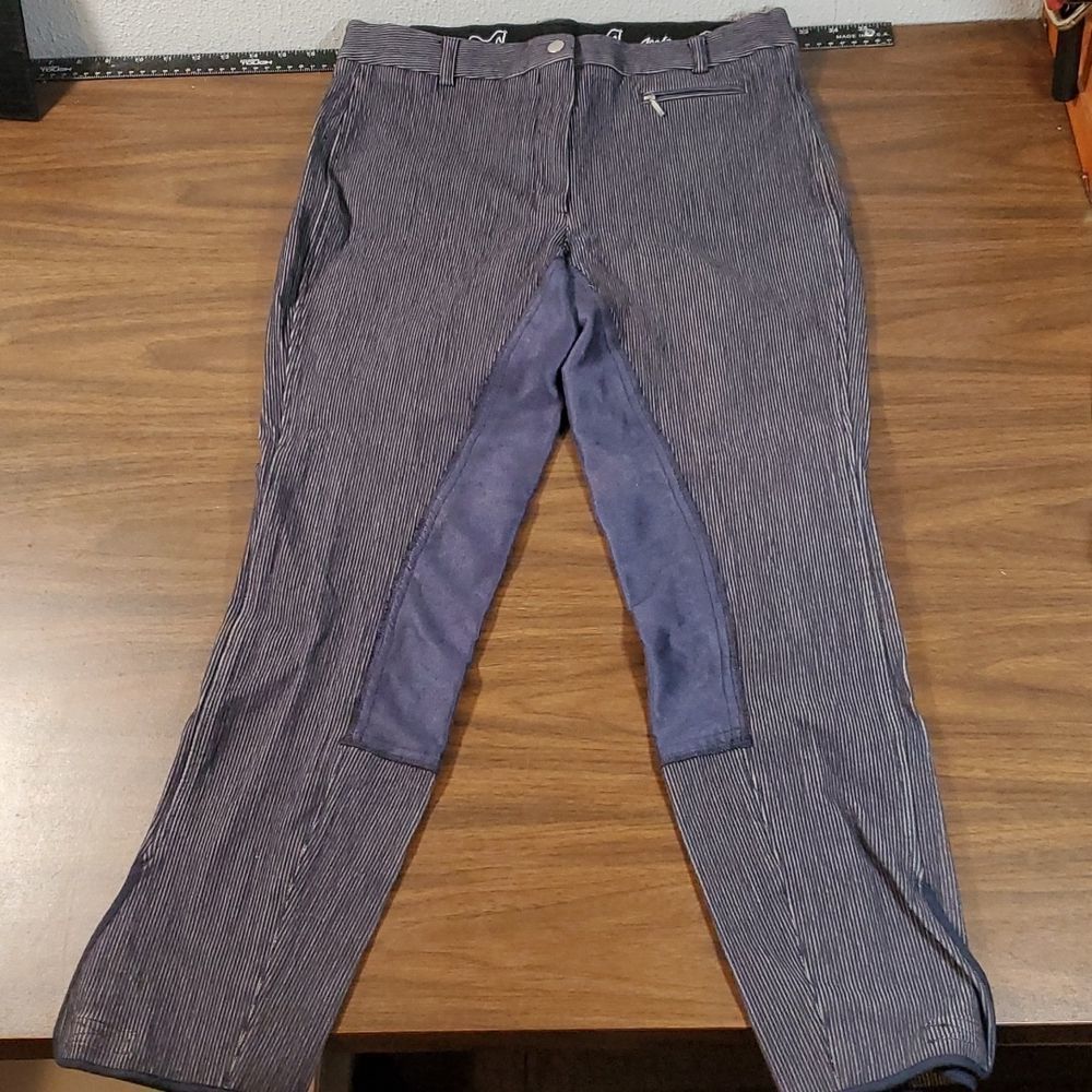 Goode Rider Denim Blue Jean Striped Jodhpurs Breeches Full Seat Size 32L Long